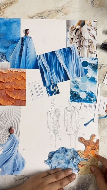 Illustrations By Mohita | Fashion Designer on Instagram: "Designs inspired by waves offer a sense of fluidity, movement, and elegance. Here are some examples of how the concept of waves can be incorporated into various design elements Basically this is a research board which you can show to your client or can also include in your fashion portfolio to show the ideation of your inspiration- I have made a rough representation of sketches to just to show the design elements regarding my theme. So Wave Fashion Design, Ride The Wave Theme Dress, Ocean Inspiration Board, Nature Inspired Fashion Design, Client Board Fashion Design, Moodboard Fashion Design Inspiration, Concept Board Fashion, Fashion Concept Board, Sea Movement