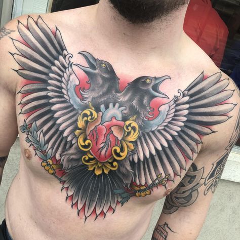 Double Headed Bird Tattoo, Double Headed Raven Tattoo, Two Headed Raven Tattoo, Raven Chest Tattoo, Far Tattoo, Ravens Tattoo, Full Neck Tattoos, Raven Color, Full Chest Tattoos