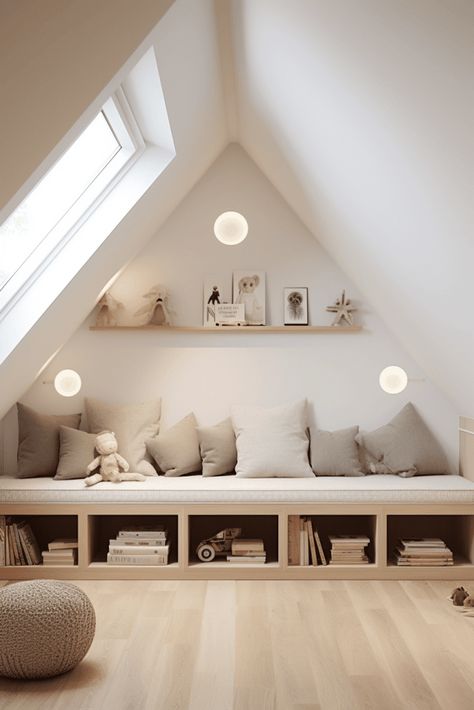 Attic Toy Room Ideas, Slanted Ceiling Playroom, Minimal Playroom, Scandinavian Playroom, Attic Playroom Ideas, Minimalist Playroom, Children's Room Design, Loft Playroom, Minimalist Kids Room