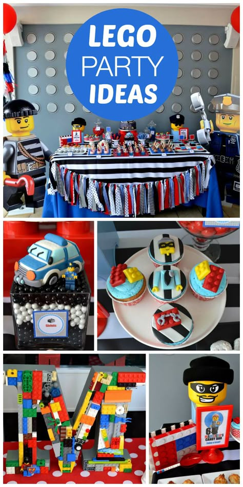 A LEGO city police boy birthday party with a fun themed backdrop and decorations! See more party planning ideas at CatchMyParty.com! Lego City Birthday Party Decorations, Lego City Party Ideas, Lego City Party, Lego City Birthday Party, Lego City Birthday, Lego Invitation, Toy Library, Lego Themed Party, Lego Party Ideas