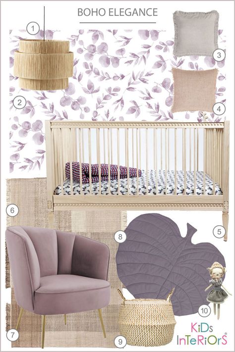 a baby nursery styleboard with aquarelle wine self adhesive wallpaper and Gustavienne babycot #nursery #babyroom #parenting #newparents #interiors #baby Blue Purple Nursery, Violet Nursery, Dusty Purple Nursery, Modern Floral Nursery, Purple Baby Nursery, Purple Baby Rooms, Floral Nursery Bedding, Purple Nursery Girl, Purple Nursery