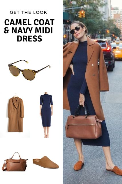 Get the look: camel coat and navy midi dress - Cheryl Shops Coat With Midi Dress, Dark Camel Coat Outfit, Navy Midi Dress Outfit, Colour Wardrobe, Camel Coat Outfit Classy, Camel Coat Outfit Casual, Teaching Clothes, Outfit Tutorial, Camel Outfit