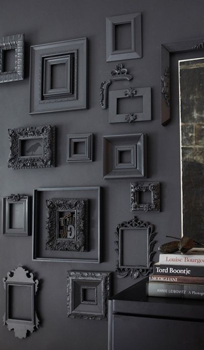 Vintage Frames used as wall decor #ShawFloors Empty Frames, Framed Pictures, Grey Room, Diy Picture Frames, Design Del Prodotto, Style At Home, Black Wall, Black Walls, Home Fashion