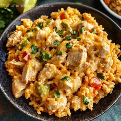 Mexican Pollo Recipes, Rice And Shredded Chicken Recipes, Chicken And Spanish Rice Recipes, Queso Dinner Ideas, Chicken With Spanish Rice, Chicken And Rice Easy Stove Top, Stovetop Creamy Chicken And Rice, Stove Top Mexican Rice, Chicken Breast Mexican Recipes