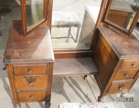 Trifold Vanity Transformation ~ A Makeover to See - Prodigal Pieces Antique Bedroom Set Makeover, Vanity Flip Ideas, Refurbished Vanity Ideas, Vanity Redo Ideas, Old Vanity Makeover, Vanity Diy Bedroom, Antique Vanity Makeover, Antique Vanity With Mirror, Painted Makeup Vanity