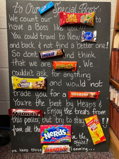 Poster board with treats that create a message Boss Day Candy Bar Poster, Thank You Candy Bar Poster, Candy Bar Posters Appreciation, Bosses Day Candy Poster, Candy Poster Board, Birthday Candy Poster, Candy Poems, Candy Sayings, Candy Birthday Cards