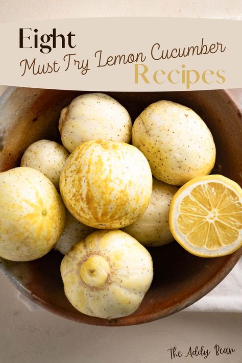 A bowl with pale yellow lemon cucumbers. In the bowl is also a halved lemon with the inner fruit showing. Lemon Cucumber Recipes, Lemon Cucumbers, Recipe Using Lemons, Cucumber Uses, Summer Food Party, Canning Vegetables, Lemon Cucumber, Frozen Lemon, Mini Cucumbers