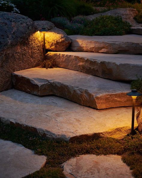 Stacked Stone Staircase with Lighting Garden Path Lighting, Staircase Outdoor, Stone Step, Stone Stairs, Outdoor Steps, Outdoor Stone, Garden Steps, Outdoor Stairs, Flowering Plants