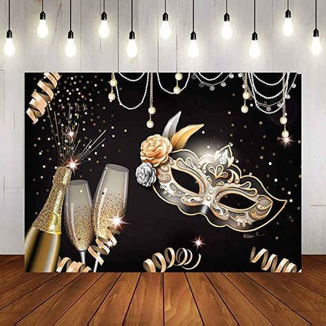 Amazon.com : Masquerade Party Backdrops Retro Gold Black Mask Carnival Birthday Photography Backdrop 7x5ft Vinyl Fiesta Mardi Gras Dance Photo Background Champagne Glass Photo Booths Props Decorations : Electronics Nye Masquerade Party Ideas, Maskerade Ball Party Ideas, Maskara Party Masquerade Ball, Bridal Shower Masquerade Theme, Mask Theme Party Decorations, Ball Gown Themed Birthday Party, Bloodwood Masquerade Party, Masquerade Sweet 16 Decorations, Masquerade Party Centerpieces Table Decorations