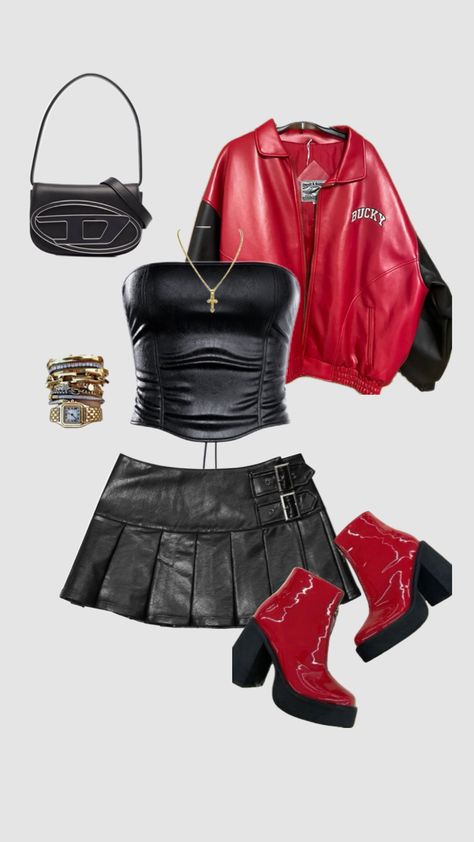 #badass #baddieootd #aesthetic Badass Outfit, Biker Outfit, Cute Comfy Outfits, Swaggy Outfits, Red Outfit, Edgy Outfits, Kpop Outfits, Streetwear Outfit, Teen Fashion Outfits