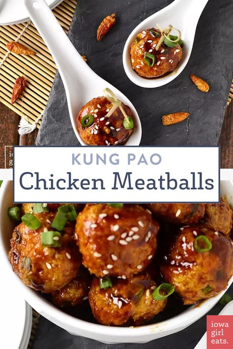 Kung Pao Chicken Meatballs are the perfect bite-sized, gluten-free game day or party appetizer! Kung Pao Chicken Meatballs, Kung Pao Meatballs, Amylu Chicken Meatballs Recipes, Asian Chicken Meatballs, Gluten Free Asian Recipes, Gluten Free Chinese, Gluten Free Meatballs, Appetizer Meatballs, Delicious Dips Recipes