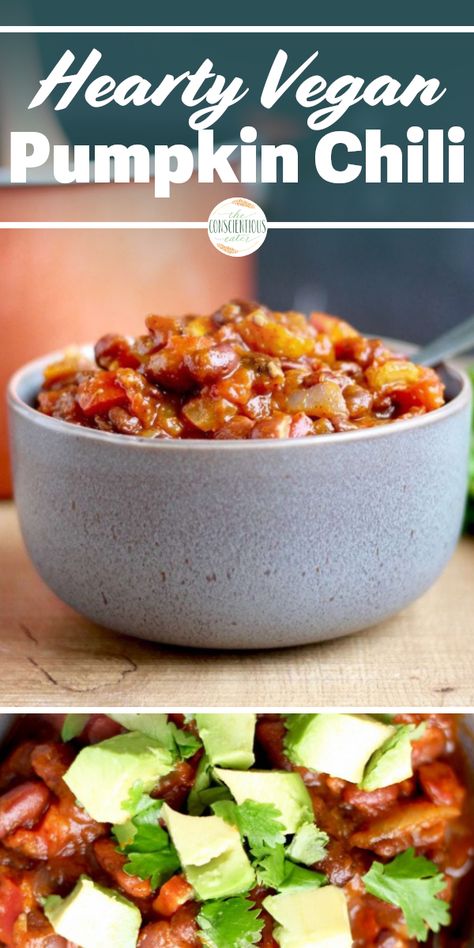 As the weather cools down, all I want are easy, comforting meals. That's why I love this Pumpkin Chili! It's quick to prepare and provides a unique spin on traditional chili. Plus it's vegan and gluten free! Definitely a crowd pleaser this holiday season! #vegan #vegetarian #pumpkin #pumpkinspice #chili #vegetarianchili #beanchili #veganchili #pumpkinchili #thanksgiving #fall #soups #stews via theconscientiouseater.com Vegan Pumpkin Chili, Vegetarian Pumpkin Chili, Quick Vegan Dinner Recipes, Vegan Soups And Stews, Pumpkin Chili Recipe, Vegan Fall Recipes, Comforting Meals, Beans And Legumes, Vegetable Chili