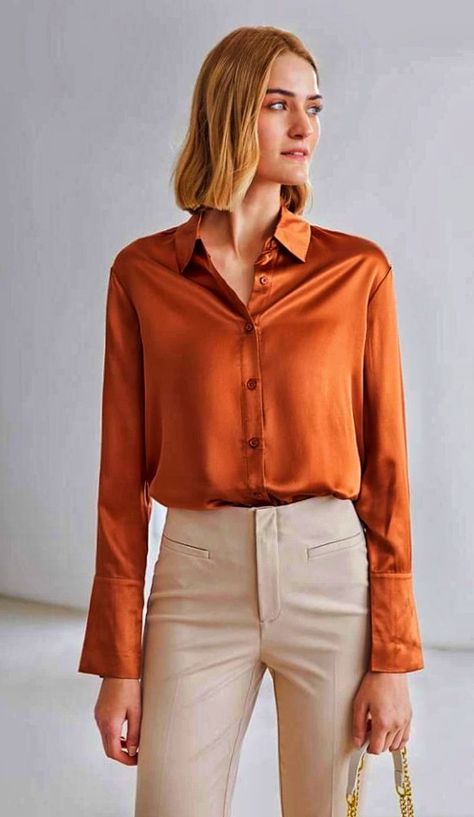 Burnt Orange Shirt Outfit, Orange Shirt Outfit, Blusas Satin, Burnt Orange Shirt, Burnt Orange Fabric, Business Portrait, Orange Shirt, Orange Fabric, Silk Material