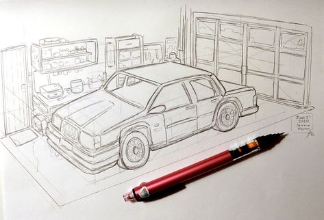 I haven't ever truly studied perspective before, and I've been really wanting to do that. I drew this with a guy teaching perspective on Youtube, and I'm super happy with how it turned out tbh. My first time really drawing a car too :') :(hashtags): #car #sketch #practice #perspectivepractice #drawing #sketching #art #perspective Garage Sketch, Teaching Perspective, Garage Drawing, Perspective Practice, Car Mechanics Garage, Art Perspective, Sketch Practice, Sketching Art, Mechanic Garage