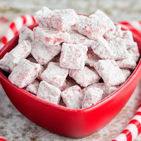 Festive Holiday Peppermint Candy Cane Puppy Chow Recipe - My Home Made Recipe Peppermint Puppy Chow Recipe, Peppermint Puppy Chow, Baltimore Crab Cakes, Puppy Chow Recipe, Andes Mint Chocolate, Snacks And Appetizers, Crushed Peppermint, Chow Recipe, Frosty Recipe