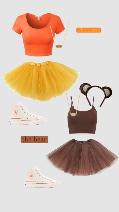 Halloween costume 🎃 // The Lorax 💛 & the bear ! 🤎 Lorax Bear Costume, Lorax Halloween, Cute Lorax Costume, Lorax Group Costume, The Lorax Halloween Costume, Lorax Halloween Costumes, Teen Girl Costumes, Lorax Costume, Trio Costumes