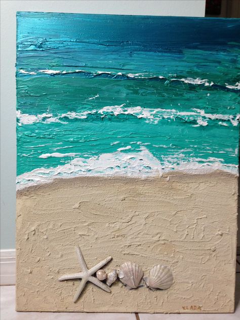 Mixed Media Painting On Canvas, Art Coquillage, Acrylic Mixed Media, Seashell Painting, Texture Painting On Canvas, Painting Media, Acrylic Painting For Beginners, Beach Canvas, 수채화 그림