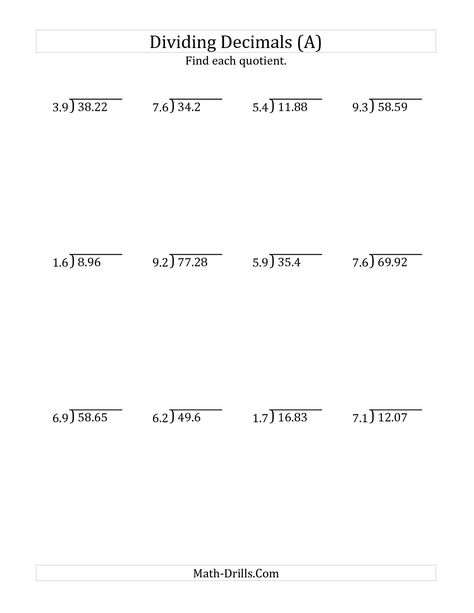 The Dividing Decimals by 2-Digit Tenths (A) math worksheet from the Decimals Worksheet page at Math-Drills.com. Decimal Division, Decimal Multiplication, Grade 5 Math Worksheets, Multiplication And Division Worksheets, Math Division Worksheets, Long Division Worksheets, Adding Decimals, Multiplying Decimals, Dividing Decimals