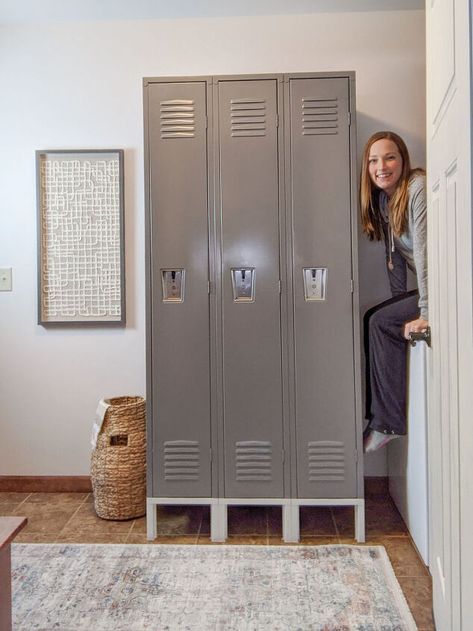 Old Lockers, Hide Clutter, Metal Kitchen Cabinets, Diy Locker, Mudroom Makeover, Vintage Lockers, Mudroom Lockers, Craft Room Furniture, Metal Lockers