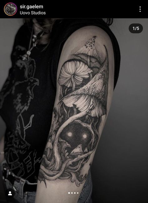 Dark Woods Tattoo, White Ink Over Black Tattoo Cover Up, Illustrative Realism Tattoo, Forest Back Tattoo, Creepy Nature Tattoo, Environmental Tattoo Ideas, Pitcher Plant Tattoo, Mushroom Forest Tattoo, Leshy Tattoo