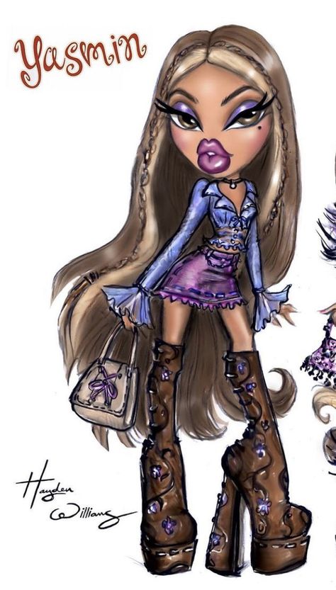 Yasmin Bratz, Bratz Characters, Bratz Yasmin, Black Bratz Doll, Bratz Doll Outfits, Doll Tattoo, Doll Drawing, Brat Doll, Posca Marker