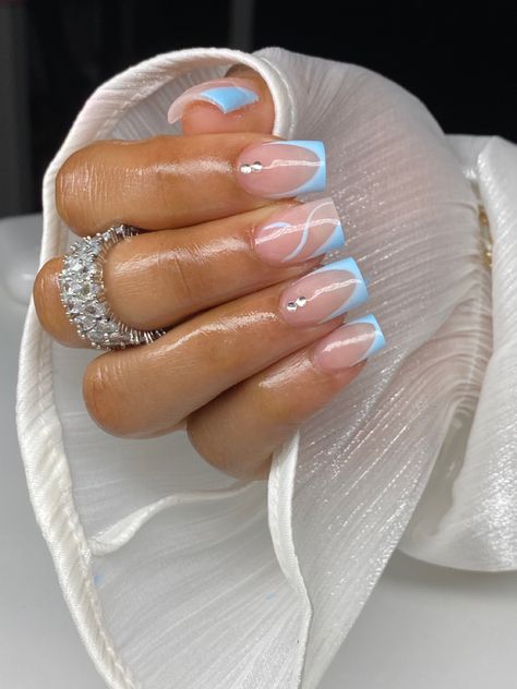 French nails Blue And White Nails French Tip, Short Blue French Tip Nails, Baby Blue French Nails, Toenails Ideas, Drippy Nails, Blue Toe Nails, French Bleu, Holiday Acrylic Nails, Girly Acrylic