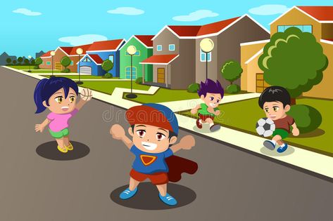 Kids playing in the street of a suburban neighborhood. A vector illustration of happy kids playing in the street of a suburban neighborhood stock illustration Neighborhood Illustration, Driving Memes, Suburban Neighborhood, Train Vector, Teacher Info, Basketball Background, Trucker Humor, Picture Composition, Hot Dog Stand