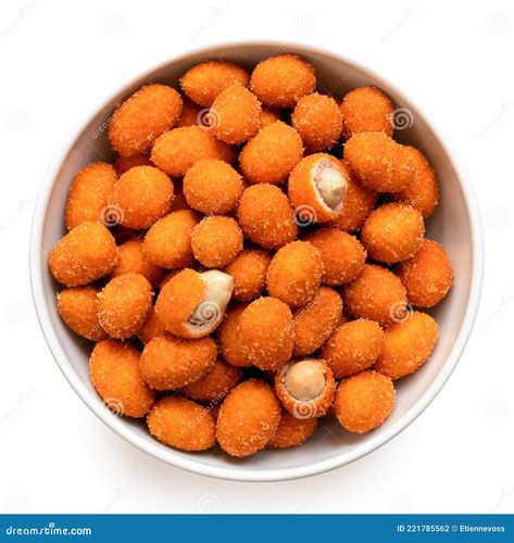 Paprika coated peanuts in a white ceramic bowl isolated on white. Whole and with broken crust. Top view Masala Papad Photography, Peanut Background Design, Nuts Food Photography, Coated Peanut, Coated Peanuts, Peanut Snack, Peanut Pictures, Beer Nuts, Shelled Pumpkin Seeds