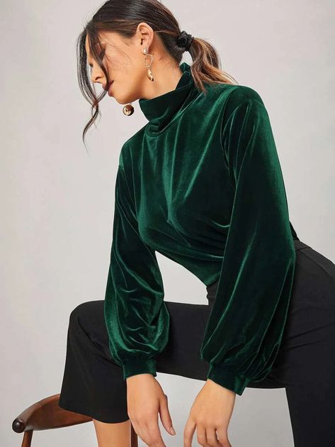 High Neck Lantern Sleeve Velvet Top | SHEIN USA Velvet Shirts Women, Green Velvet Clothes, Green Velvet Top Outfit, Velvet Blouse Outfit, Velvet Top Pattern, Velvet Top Outfit, High Neck Top Outfit, Velvet Tops For Women, Velvet Outfits For Women