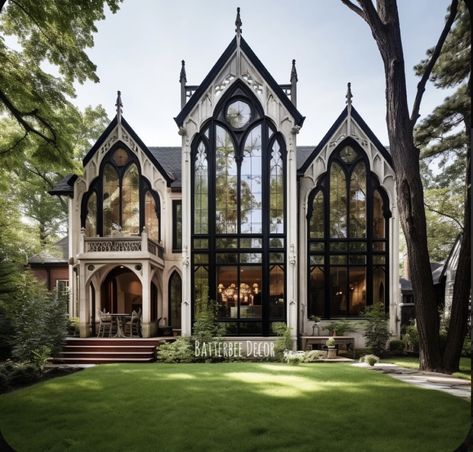 Gothic Style House Floor Plans, Cathedral House Exterior, Gothic Victorian Architecture, Artitecture House, Modern Gothic House Exterior, House With Big Windows Exterior, Gothic Manor Exterior, Victorian Modern House, Modern Gothic Farmhouse