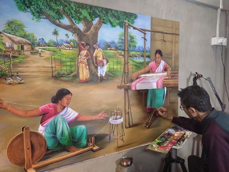 Acrylic painting on large canvas. By Hrisikesh Bora. Assamese Bihu Art, Assamese Culture Drawing, Assam Painting, Assam Culture Art, Assam Culture, Assamese Culture, Tribe Art, Memories Art, Childhood Memories Art