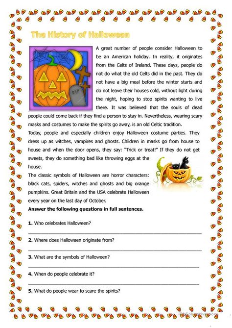 Halloween Worksheets Free, Homeschool Halloween, Halloween Reading Comprehension, Halloween Worksheet, History Of Halloween, Halloween Lesson, Halloween History, Halloween Reading, Halloween Text