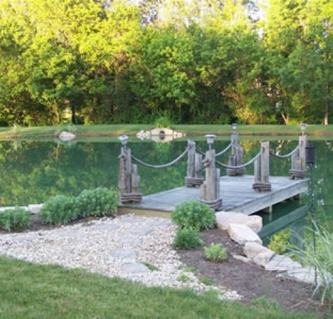 Large Ponds Backyard, Landscaping Around Large Pond Ideas, Pond Pier Ideas, Pond Landscaping Ideas Large, Large Pond Ideas, Large Backyard Pond, Backyard Pond Ideas Large, Farm Pond Landscaping, Large Pond Landscaping