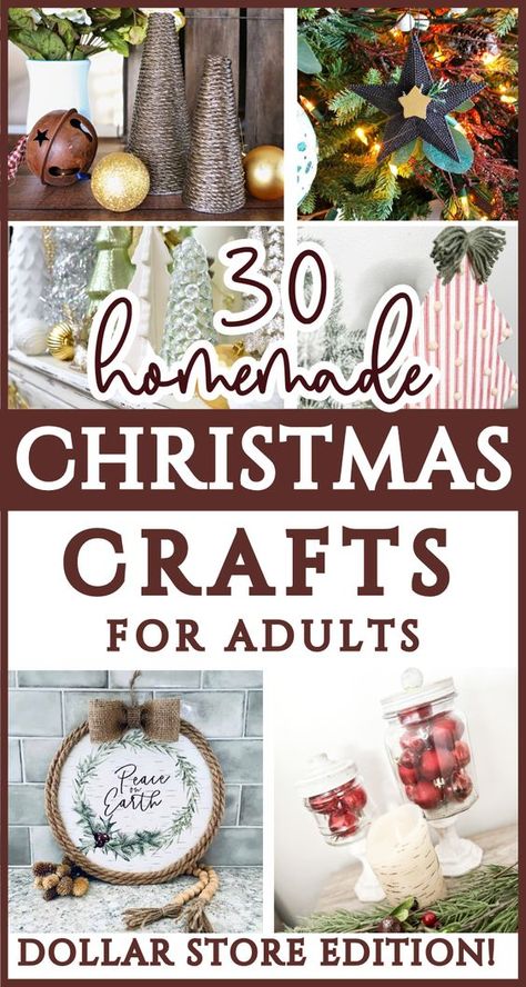 30 easy, cheap Christmas DIY Dollar Tree Craft Ideas! These classy DIY Christmas decor projects are great for any Christmas aesthetic-modern farmhouse, rustic, cottagecore! You can use these elegant Christmas craft DIYs to make for homemade Christmas gifts, to sell at a craft show, or for your home! These easy Dollar Tree Christmas crafts are for adults, teens, and kids can even help  - All made with dollar store supplies! Homemade Christmas crafts for adults to enhance your Christmas decor! Cheap Crafts That Look Expensive, Trendy Christmas Crafts, Diy Art Christmas Gifts, Super Saturday Christmas Crafts, Christmas Make And Take Crafts For Adults, Christmas Decor Ideas Diy How To Make, Dollar Tree Crafts Christmas Gifts, Easy Group Christmas Crafts For Women, Cheap Dollar Tree Crafts