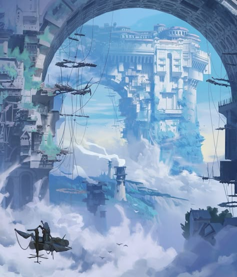 Flying City Concept Art, Sky City Concept Art, Sky City Fantasy Art, Sky Background Drawing, Clouds Artwork, City In The Clouds, City In The Sky, Cloud World, Scifi Environment