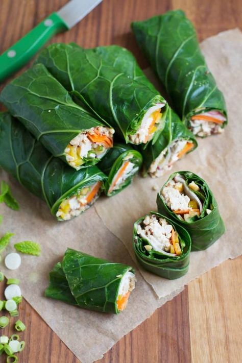 Peanut Chicken Collard Greens Wraps Recipe — Salt & Wind Travel Collard Wraps, Collard Green Wraps, Delicious Clean Eating, Peanut Chicken, Healthy Muffins, Collard Greens, Eating Recipes, Lettuce Wraps, Eat Clean