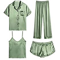 Check this out! Green Matching Set Sleepwear, Green Sleeveless Sleep Sets, Green Silk Pajama Set, Green V-neck Sleepwear For Summer, Green V-neck Summer Sleepwear, Bridal Sleepwear, Silk Pjs, Button Down Short Sleeve, Satin Sleepwear