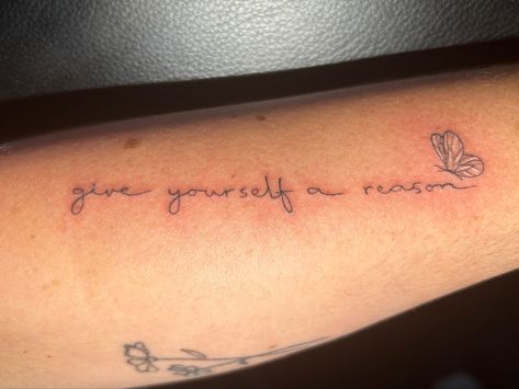 Noah Kahan Quote Tattoo, Tattoo Ideas Book Quotes, Lyric Tattoos Noah Kahan, Tattoo Ideas Noah Kahan, Noah Kahan Tattoos Call Your Mom, Noah Kahan Lyrics Tattoo, Give Yourself A Reason Tattoo, Noah Kahn Tatoos, Noah Kahan Tattoo Ideas