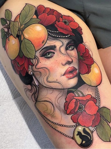 Hannah Flowers, Apple Tattoo, Flowers Portrait, Lady Tattoo, Neo Tattoo, Fruit Tattoo, Traditional Tattoo Flowers, Gorgeous Tattoos, Old School Tattoo Designs