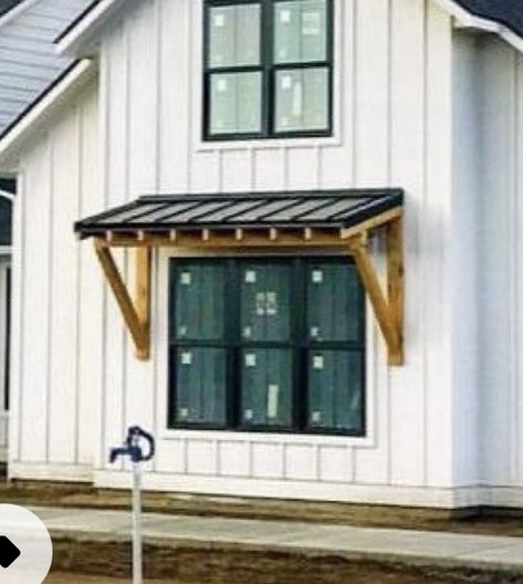 Overhangs For Front Porch, Small Porch Awning, Rustic Door Awning, Diy Wood Awning Over Window, Awning Over French Doors Patio, Small Roof Over Entry Door, Barndominium Window Awnings, Farmhouse Metal Awnings Over Windows, Window Corbels Exterior