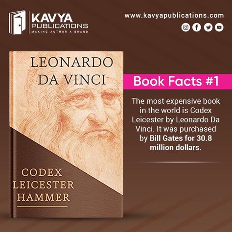 Book Fact #1 📖 Did you know? The most expensive book in the world is Codex Leicester by Leonardo Da Vinci. It was purchased by Bill Gates for 30.8 million dollars. 😮 #BookFact #Books #fact ##newbookalert #writersofinstagram #writing #writer #shortstories #writerscommunity #writingcommunity #writers #bookstagram #poem #writersofig #creativewriting #storytelling #writersblock #bookish #newarrival #newcollection #newbooklaunch #kavyafamily #booklovers #booksong Codex Leicester, Author Branding, Million Dollars, Writers Block, Writing Community, Bill Gates, Most Expensive, Leicester, Creative Writing