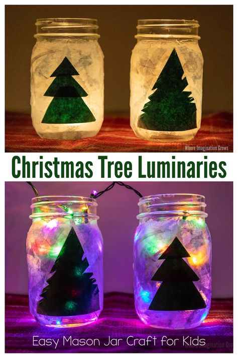 Mason Jar Lanterns Christmas, Kid Christmas Craft Ideas, Elementary Age Christmas Crafts, Christmas Mason Jar Crafts For Kids, Nativity Mason Jar, Christmas Light Jars Diy Projects, Mason Jar Luminaries Christmas, Mason Jar Christmas Tree, Diy Gifts Kids Can Make For Christmas