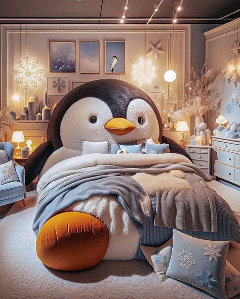 Penguin Room Decor, Penguin Bedroom, Penguin Room, Unique Home Features, Funny Christmas Wallpaper, Night Bedroom, Sleeping Bed, Themed Rooms, Kids Bedroom Inspiration