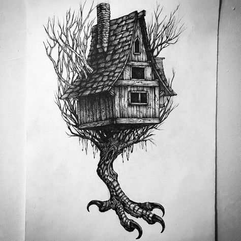 Witch House Tattoo, Tree House Tattoo, Haunted House Tattoo, Apocalypse Tattoo, Tree House Drawing, Baba Yaga House, Halloween Flash, Witch Drawing, Animal Tattoo Ideas