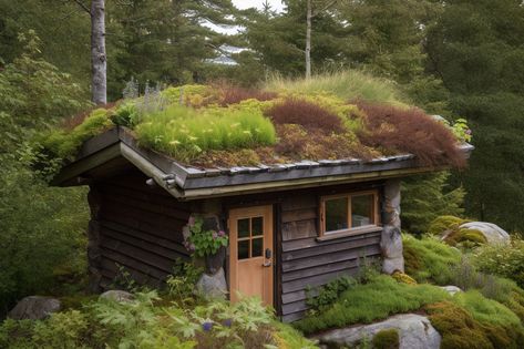 living roof on a cabin Shed With Green Roof, Green Roof Shed, Moss Roof, Living Roof Shed, Sod Roof, Green Roof Building, Grass Roof, Living Roofs, Casa Exterior