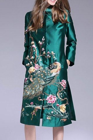 Casual Trench Coat, Embroidery Coat, Satin Coat, Chinese Style Dress, Embroidered Coat, Long Coats, Single Breasted Coat, Embroidery Fashion, Fashion Seasons