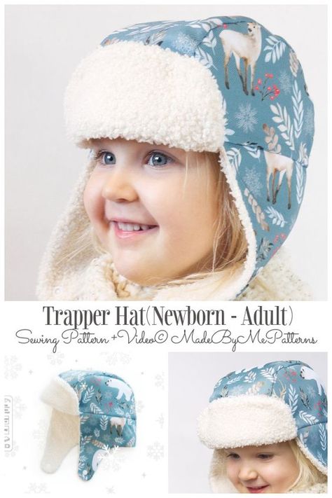 Toddler Trapper Hat, Kids Fleece Hat Pattern, Sewing Winter Hats, Winter Sewing Patterns Kids, Diy Trapper Hat, Baby Winter Hat Sewing Pattern, Trapper Hat Sewing Pattern, Winter Hats To Sew, Hat Diy Sewing