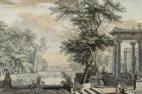 moucheron, isaac de pair ar ||| пейзаж ||| sotheby's pf1721lot6vncgen Fresco Wallpaper, Vintage Painting Wall, Painting Wall Mural, 18th Century Landscape, Scenic Wallpaper, Drawing Wallpaper, Temporary Wallpaper, Wallpaper Vintage, Large Wall Decor