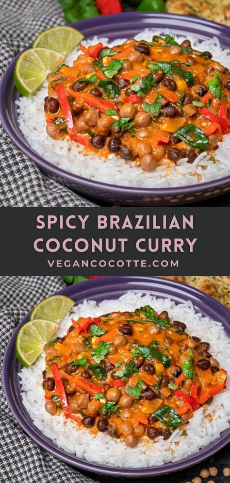 Spicy Brazilian Coconut Curry with Chickpeas Brazilian Spicy Coconut Sauce, Vegetarian Carribean Food, Spicy Indian Food Recipes Vegetarian, Coconut Vermicelli, Vegan Brazilian Recipes, Spicy Coconut Curry, Curry With Chickpeas, Chickpea Coconut Curry, Vegan Curry Recipes