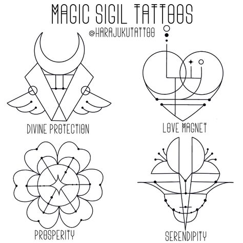 Magic sigil tattoos by @harajukutattoo protection sigil, love sigil, prosperity sigil, and serendipity sigil. Manifesting Tattoo Symbol, Love Sigil Tattoo, Sigil For Prosperity, Serendipity Symbol Tattoo, Serendipity Symbol, Angel Of Protection Tattoo, Protection Sigils Tattoo, Spiritual Protection Tattoos, Divinely Protected Tattoo